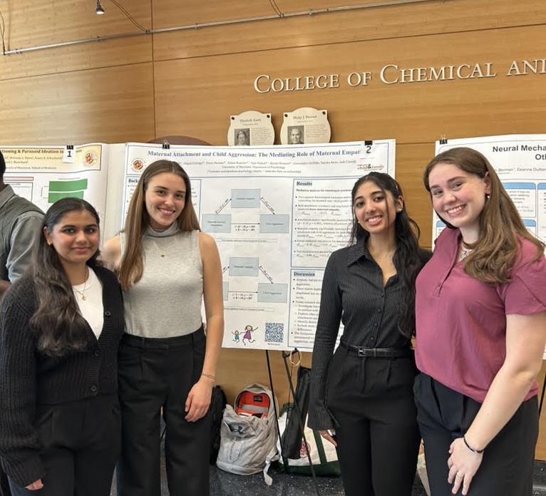 Our undergraduate RAs presenting their poster at the 2026 PSYC Undergraduate Research Fair From left to right: Nehi, Abby, Sahara, Emily